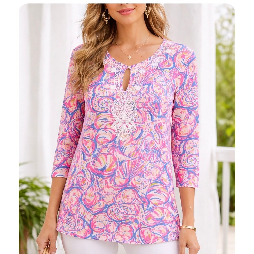 Lilly Pulitzer Pink Blue Seashell Starfish Soutache 3/4 Sleeve Cotton Top S